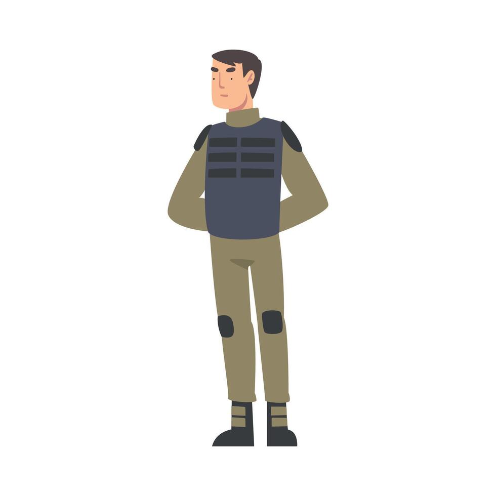 Army Soldier, Military Man Character in Knaki Uniform and Bulletproof Vest Cartoon Style Illustration vector