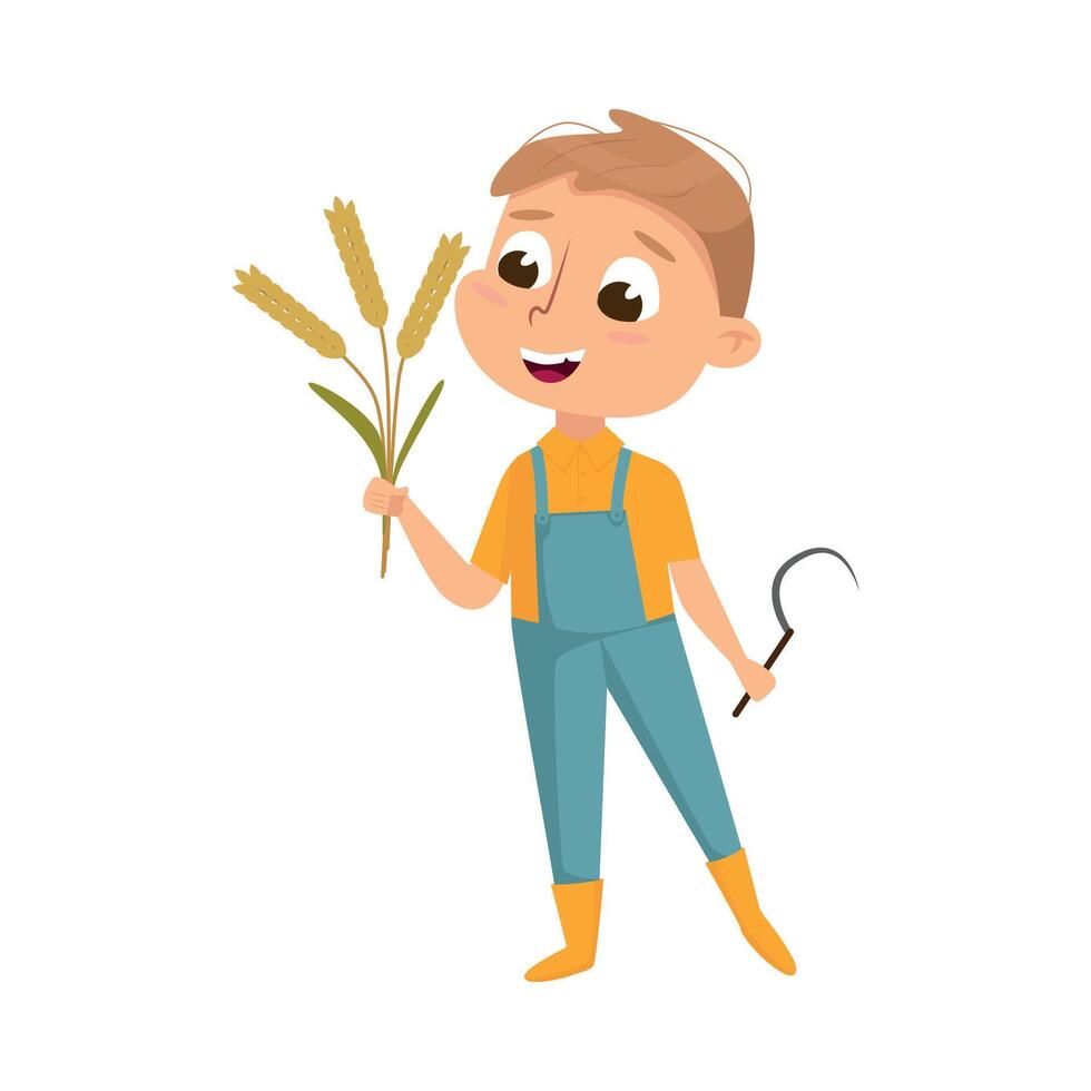 Cute Boy Holding Sickle and Sheaf of Spikelets in his Hands, Kid Farmer Character in Overalls Working on Farm Cartoon Style Illustration vector