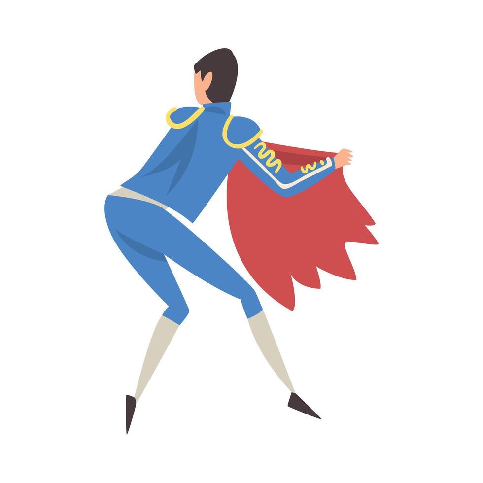 Back View of Bullfighter with Red Cape, Bullfighting Toreador Character Dressed in Blue Costume, Spanish Corrida Traditional Performance Cartoon Style Illustration vector
