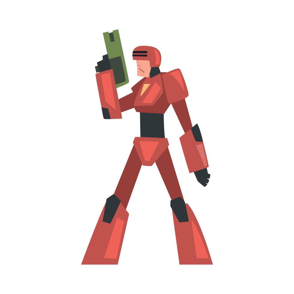 Man in Red Robot Costume with Gun, Cyborg or Superhero Character, Carnival Party or Masquerade Cartoon Style Illustration vector