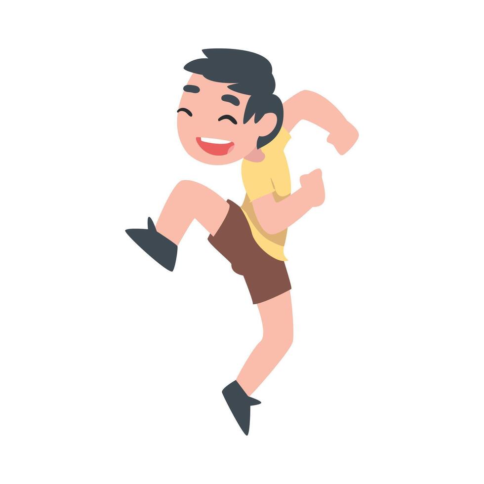 Happy Little Boy Jumping, Cute Smiling Preschooler Kid Having Fun Cartoon Style Illustration vector