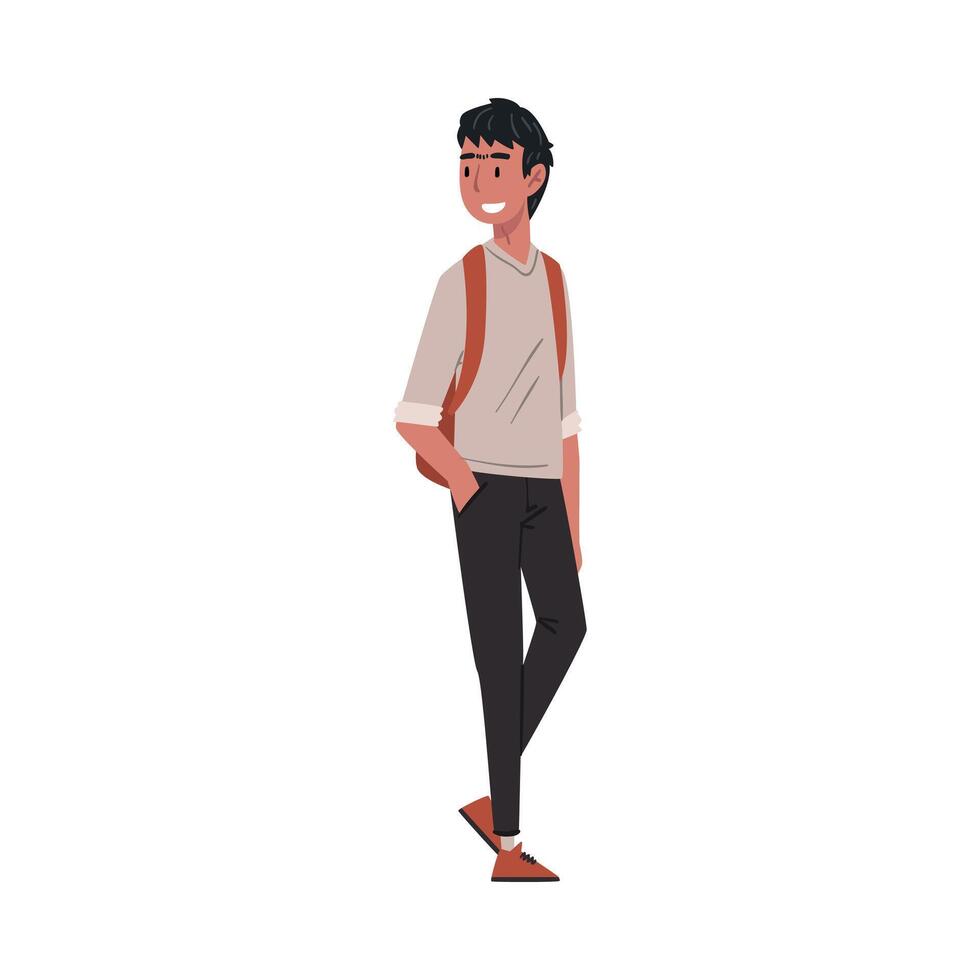 Smiling Guy Standing with Backpack, International College or University Student Character Illustration vector