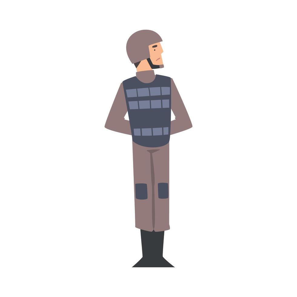 Army Soldier, Military Man Character in Combat Uniform, Bulletproof Vest and Helmet Cartoon Style Illustration vector