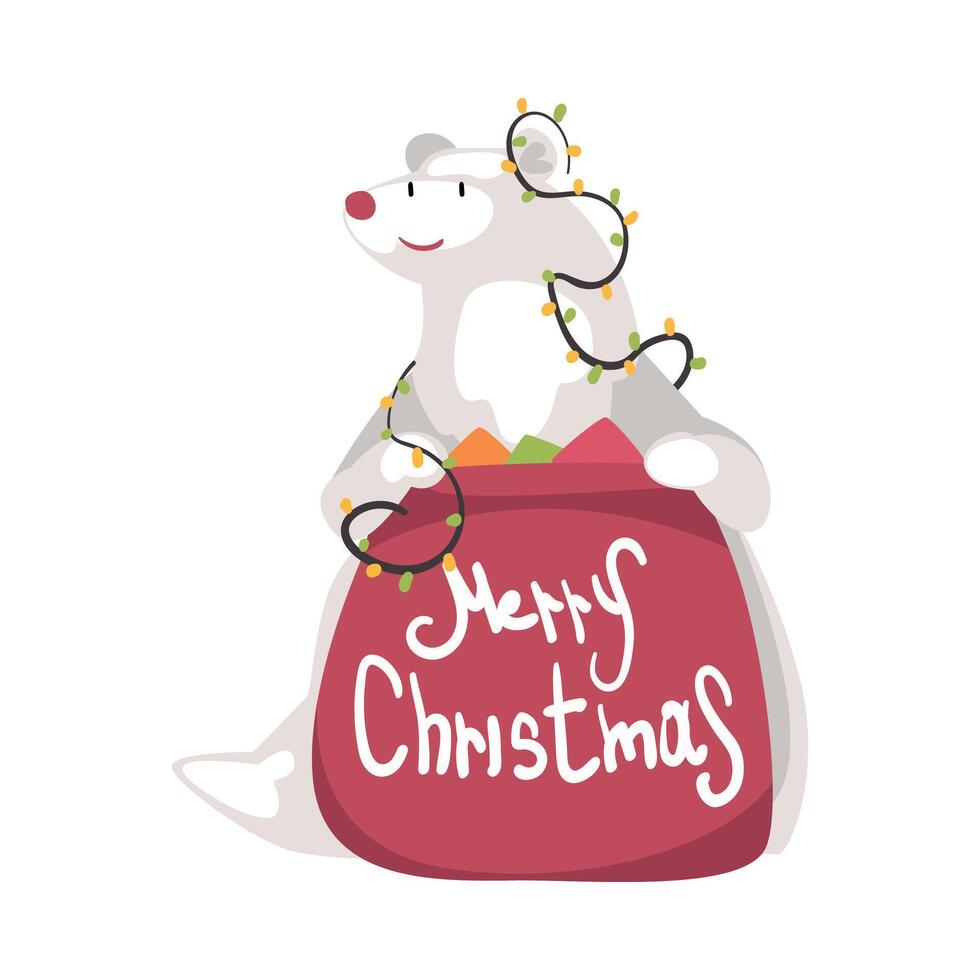 Polar Bear with Red Bag Full of Presents, Symbol of Xmas and New Year Holidays Cartoon Style Illustration vector