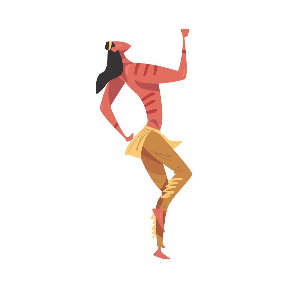 Native American Indian Ritual Dance, Man Dancing Wearing Traditional Costume Cartoon Style Illustration vector
