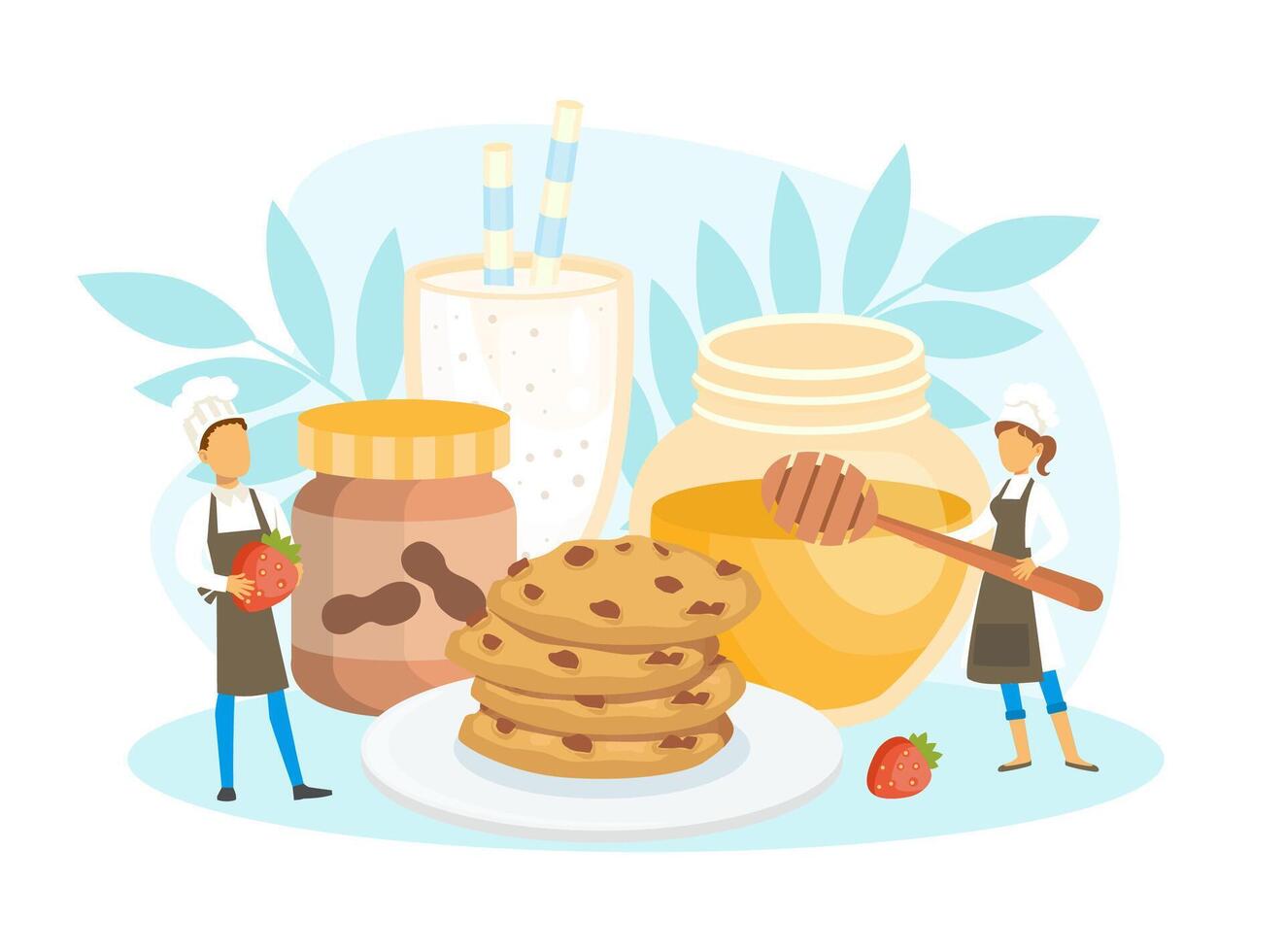 Team of Confectioners Decorating Cookies with Honey and Strawberry, Tiny People in Uniform and Cap Cooking in Kitchen Illustration. vector