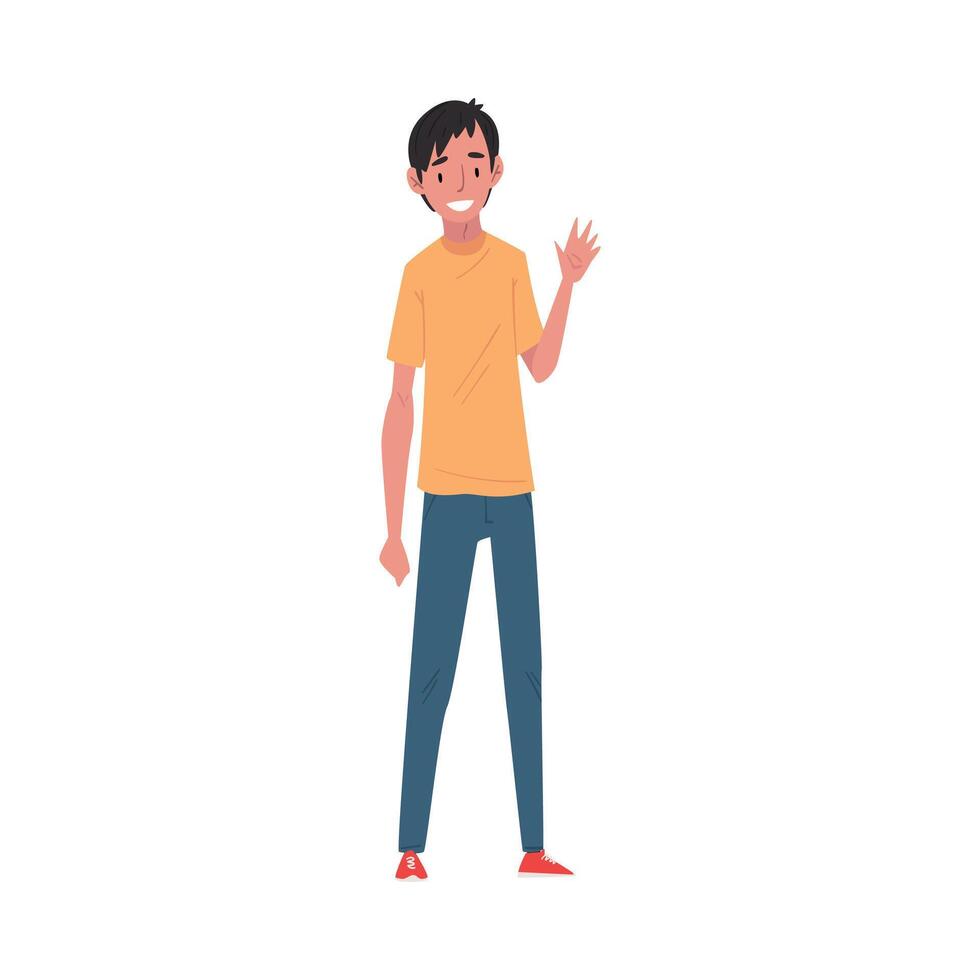 Smiling Guy in Casual Clothes Standing and Waving His Hand, College or University Student Character Illustration vector