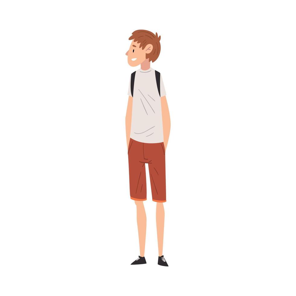 Cheerful Guy in Casual Clothes Standing with Backpack, International College or University Student Character Illustration vector