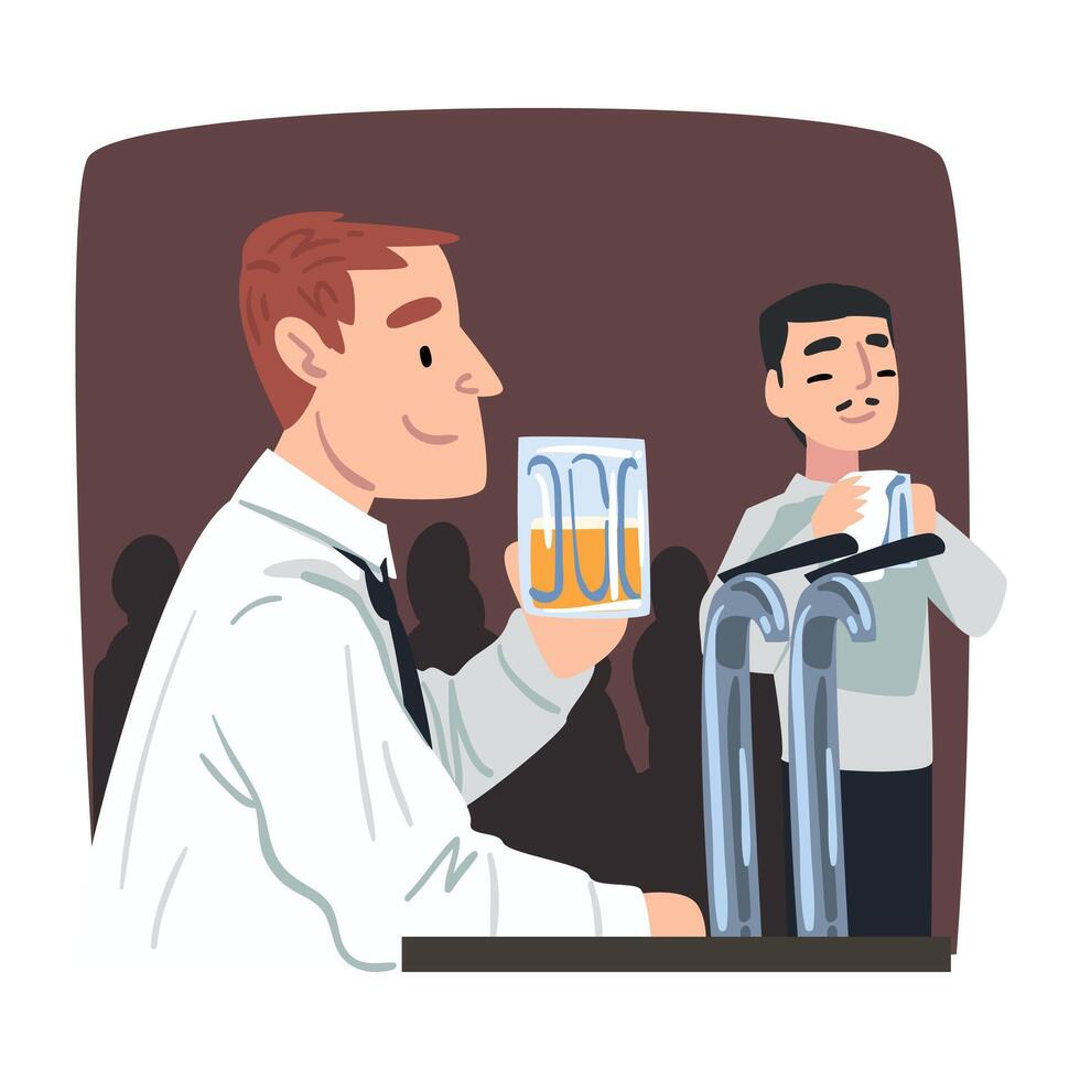 Young Man who Drinking Alone after Work, Businessman or Office Worker Daily Routine Cartoon Style Illustration vector