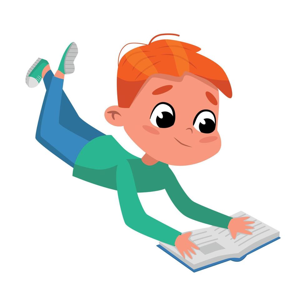 Cute Boy Reading Book while Lying on his Stomach on Floor, Preschooler Kid or Elementary School Student Enjoying Literature Cartoon Style Illustration vector