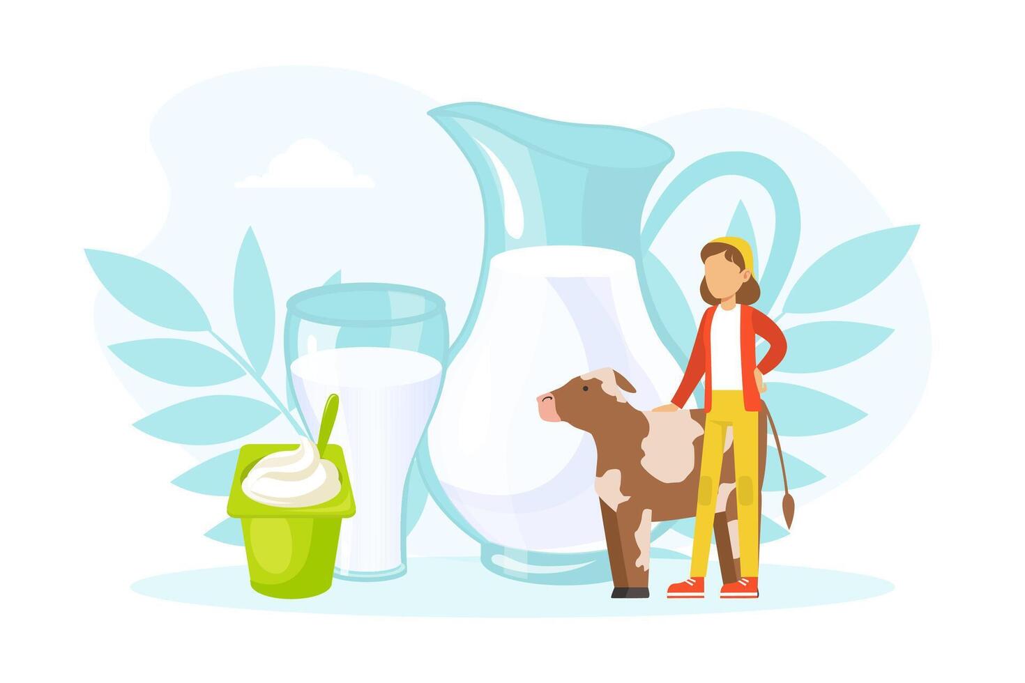Tiny Woman Farmer and Cow Standing on Background of Natural Eco Dairy Products, Agricultural Industry, Healthy Food Production Illustration vector