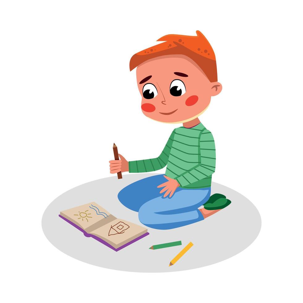 Cute Boy Drawing in Notebook, Kids Good Behavior Cartoon Style Illustration vector