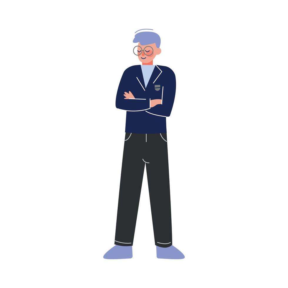 Male School Student in Uniform, Smiling Teenage Boy Character Standing with Folded Hands Illustration vector