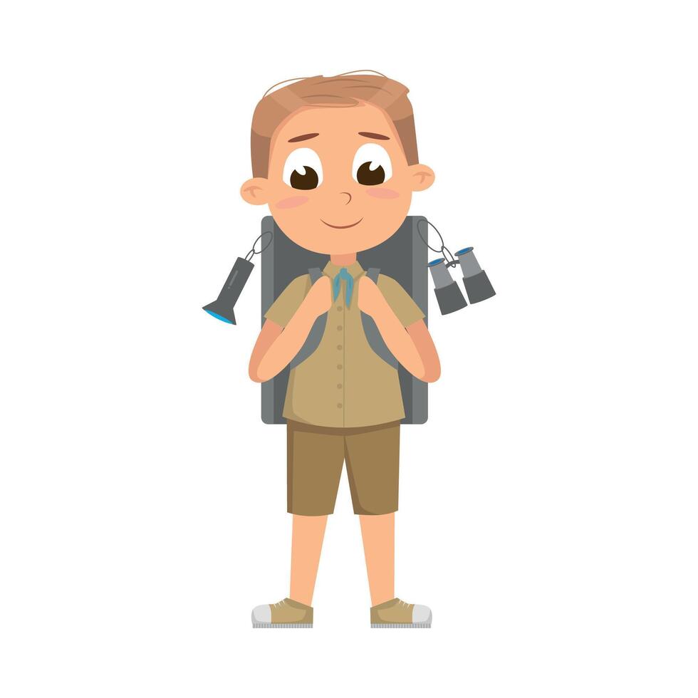 Cute Boy with Backpack, Scouting Elementary School Child Character in Uniform, Summer Holiday Activities Concept Cartoon Style Illustration vector