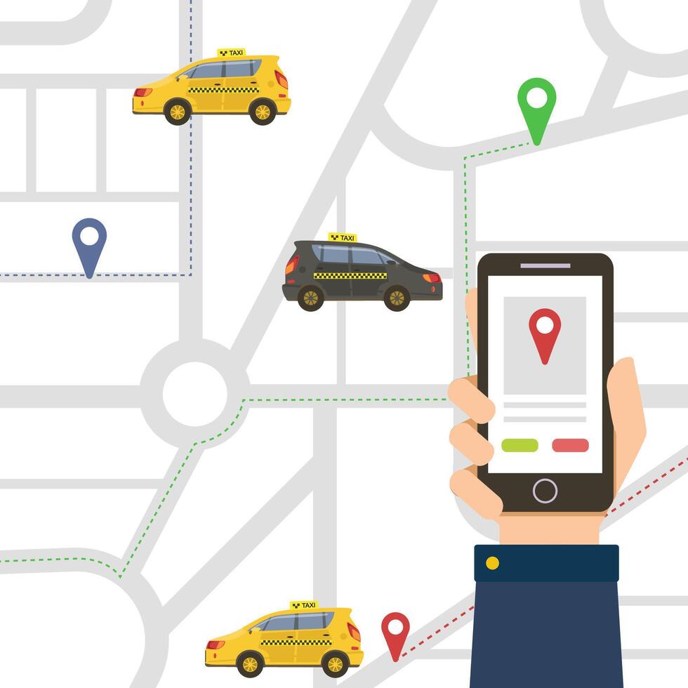 Male Hand Holding Smartphone with Public Taxi Service Application, Navigation Map, Online Ordering Taxi Car Illustration vector