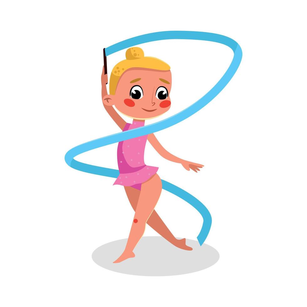 Cute Girl Gymnast Doing Exercise with Ribbon, Kid Doing Sports, Active Healthy Lifestyle Concept Cartoon Style Illustration vector