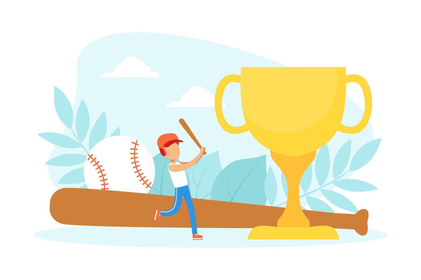 Tiny Boy Baseball Player Character with Huge Bat and Winner Cup Cartoon Illustration vector