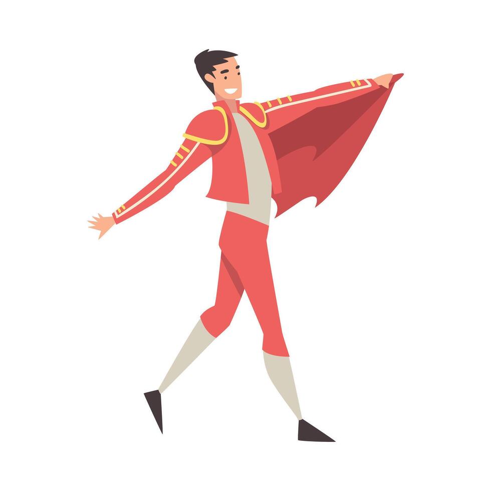 Man Bullfighter, Toreador Character Dressed in Red Costume, Spanish Bullfighting Traditional Performance Cartoon Style Illustration vector