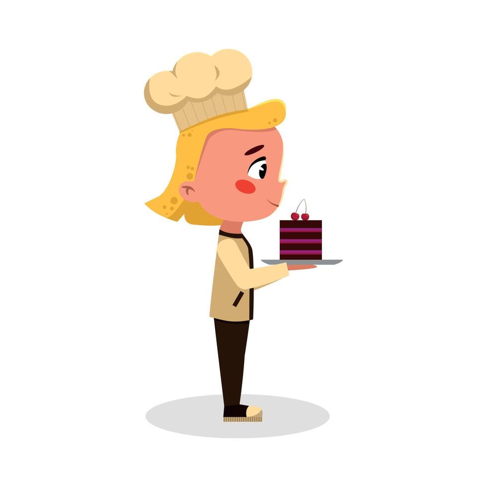 Girl Baker or Confectioner Character with Cake, Side View of Cute Chef Kid in Uniform and Hat Cooking Tasty Dish Cartoon Style Illustratio vector