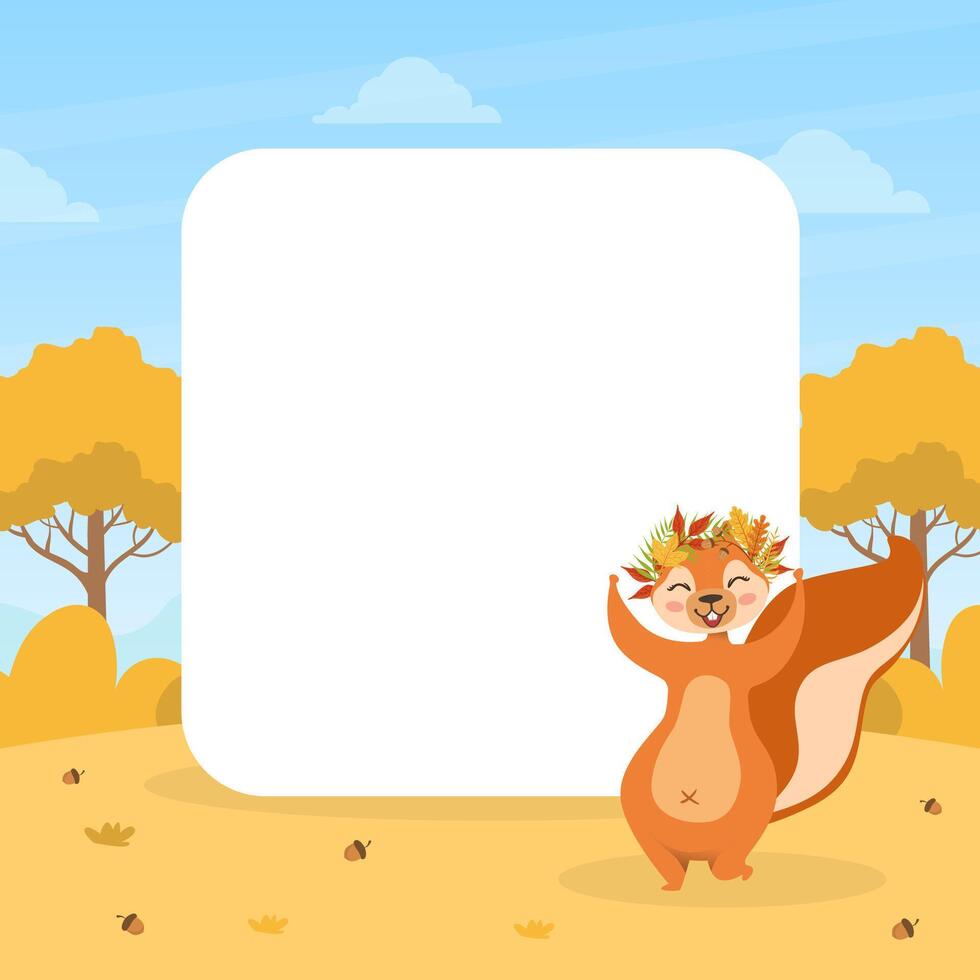 Cute Squirrel in Wreath of Colorful Leaves with Blank Empty Banner, Wild Animal Character on Autumn Landscape Illustration vector