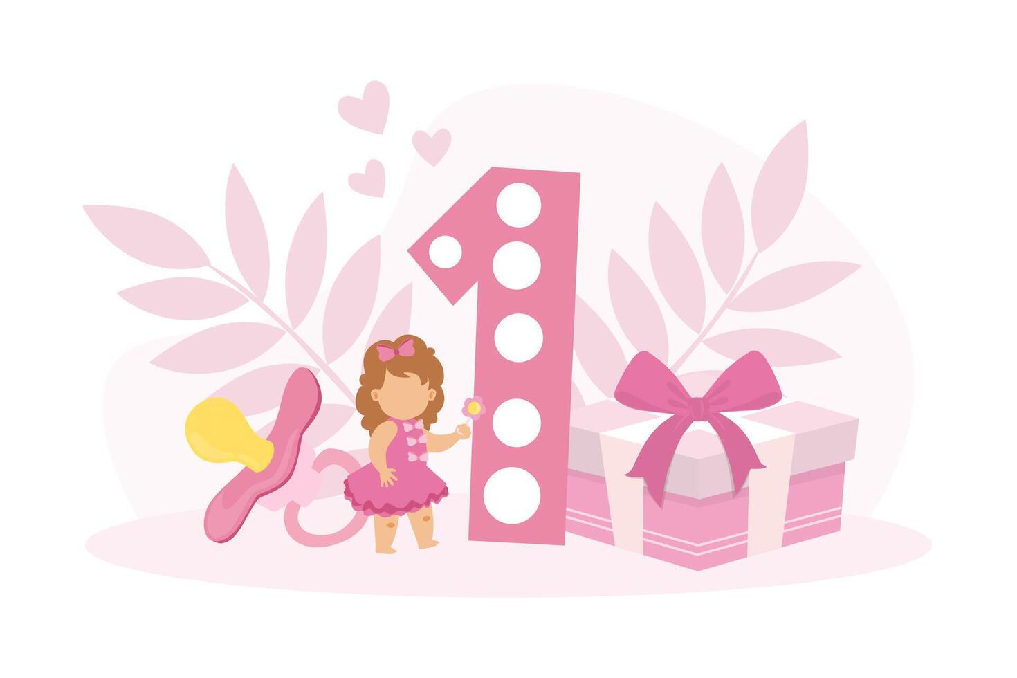Happy First Birthday Anniversary, Tiny Toddler Girl with Big Number and Baby Care Accessories Cartoon Illustration vector