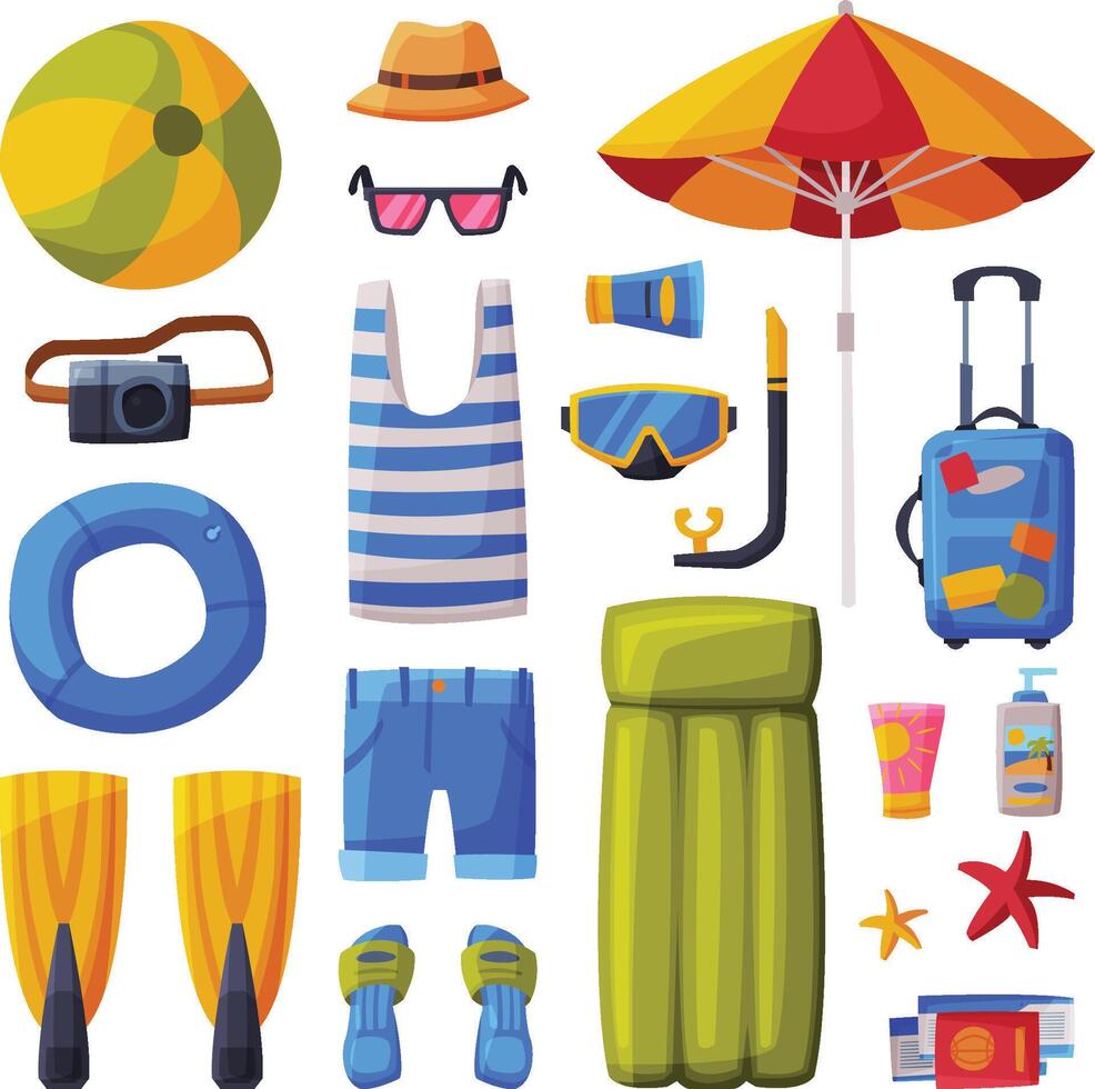 Summer Vacation Objects Collection, Suitcase, Shorts, Flippers, Flip Flops, Camera, Beach Umbrella, Traveling and Tourism Illustration on White Background vector