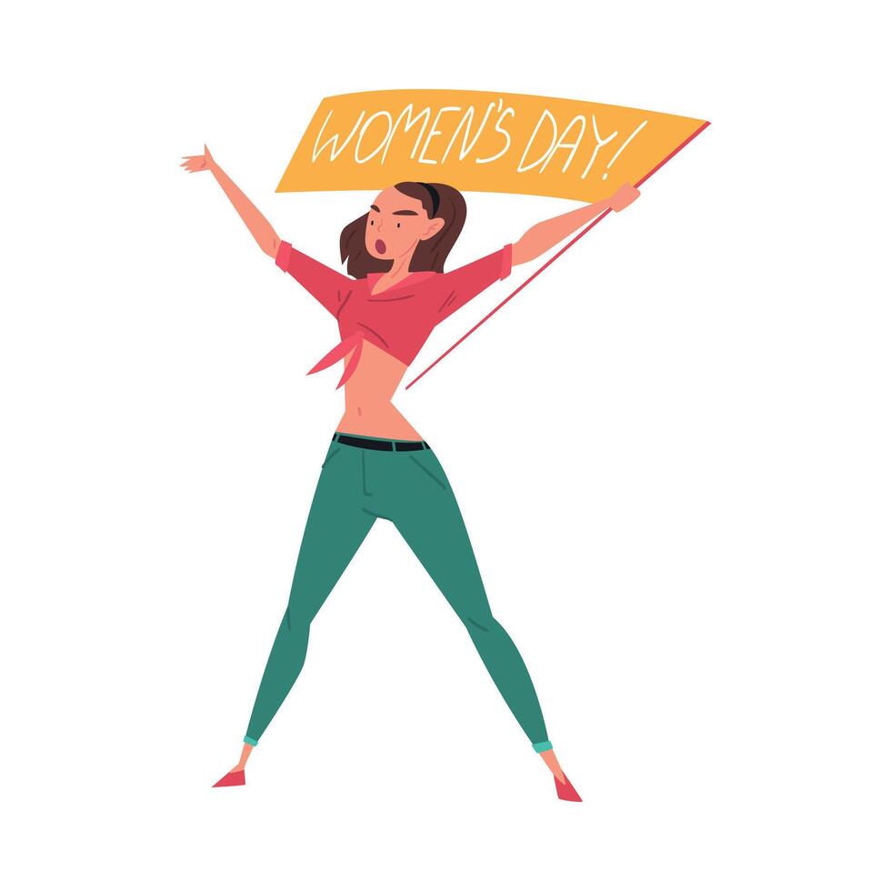 Young Woman Activist Protesting with Flag, Female Protester Character Statementing of her Rights, International Women Day Illustration vector