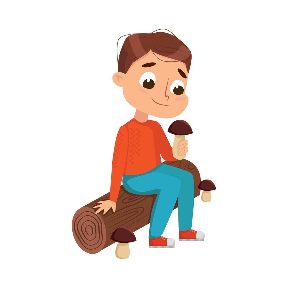 Cute Boy Picking Mushrooms in Forest, Autumn Season Outdoor Activity Cartoon Style Illustration vector