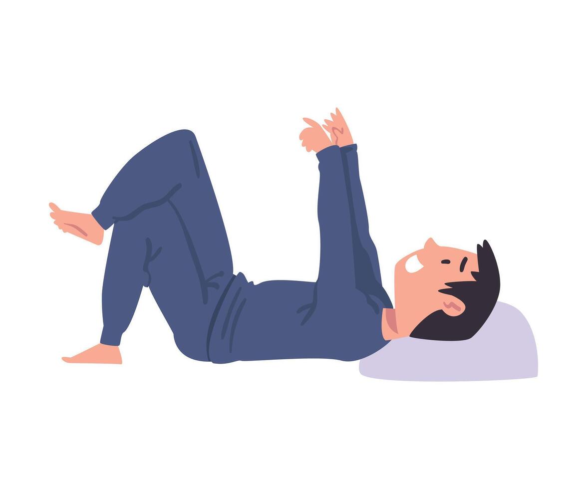 Slumber Party, Cute Smiling Boy Lying on Pillow Wearing Pajamas Cartoon Style Illustration vector