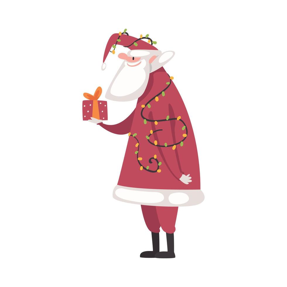 Cute Christmas Santa Claus Character with Gift Box, Symbol of Xmas and New Year Holidays Cartoon Style Illustration vector