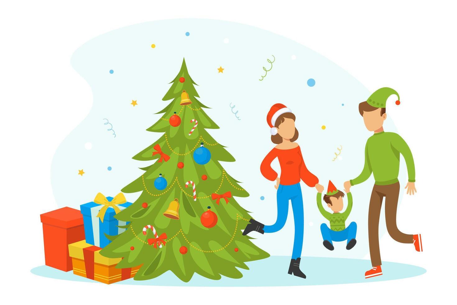 Happy Family Celebrating Winter Holidays, Tiny People Having Fun at Decorated Fir Tree, Merry Christmas and Happy New Year Cartoon Illustration vector