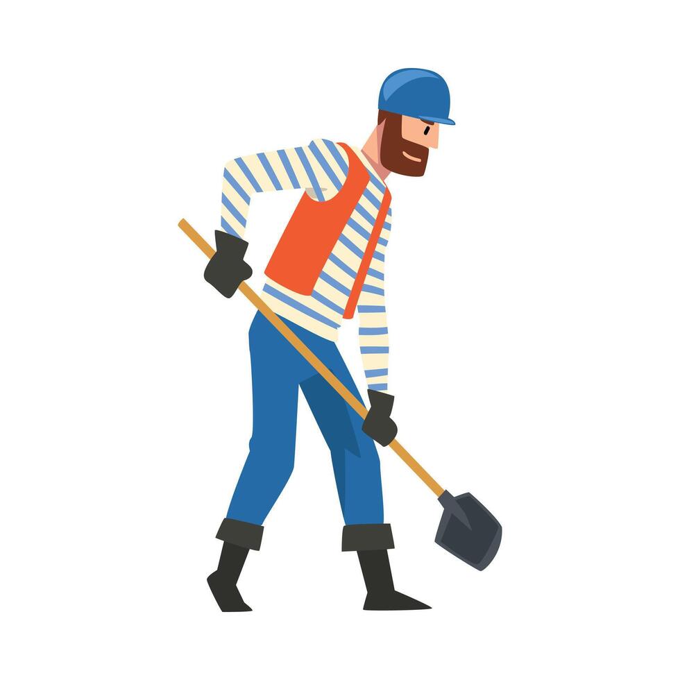 Construction Worker Digging with Shovel, Male Builder Character Wearing Uniform and Protective Helmet Building House Cartoon Illustration vector
