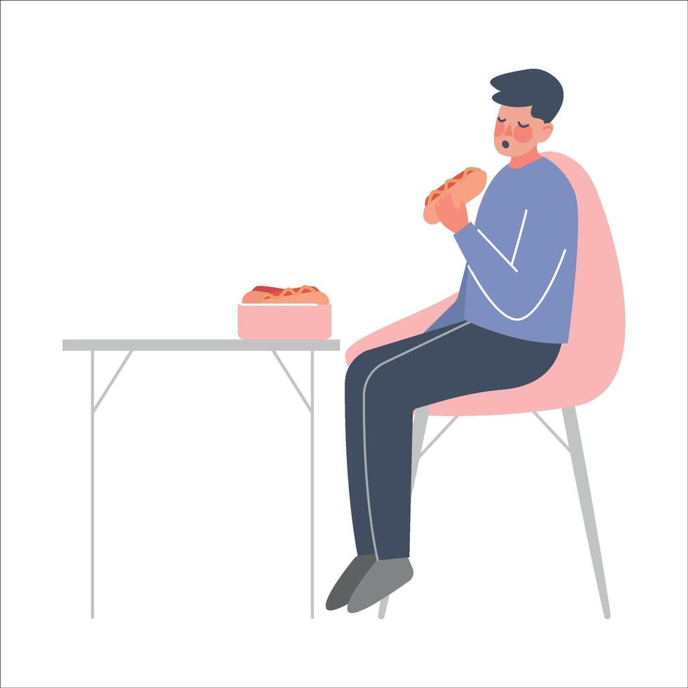 Man Eating Fast Food to Calm Down Stressful Emotion, Person Relaxing, Reducing and Managing Stress Cartoon Style Illustration vector