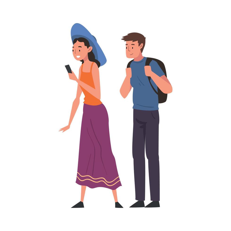 Young Man and Woman Tourists Calling Taxi Car or Using Mobile Taxi Call Application Illustration vector