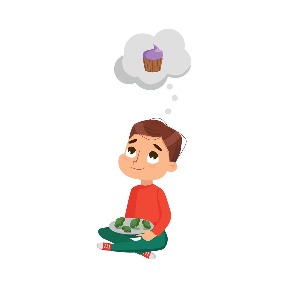 Cute Boy Eating Broccoli but Dreaming about Sweet Dessert, Kid Choosing Between Healthy and Unhealthy Food Cartoon Style Illustration vector