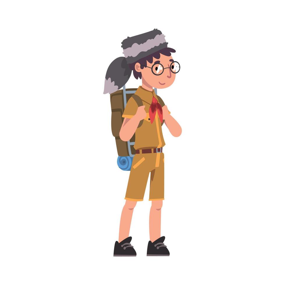 Scout Boy with Backpack, Scouting Kid Character Wearing Uniform, Neckerchief and Coonskin Cap, Summer Camp Activities Illustration vector