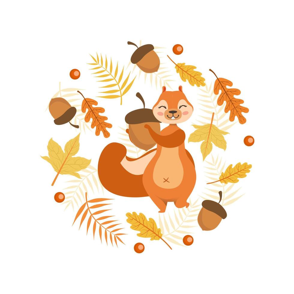 Autumn Symbols of Round Shape, Cute Squirrel with Acorn Surrounded with Colorful Leaves Illustration vector