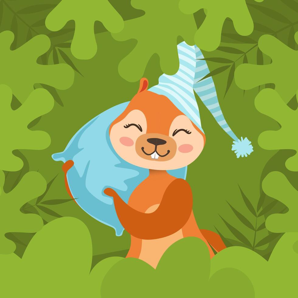 Cute Squirrel in Cap Sleeping on Pillow, Adorable Wild Animal Character Lying in Green Bed Illustration vector