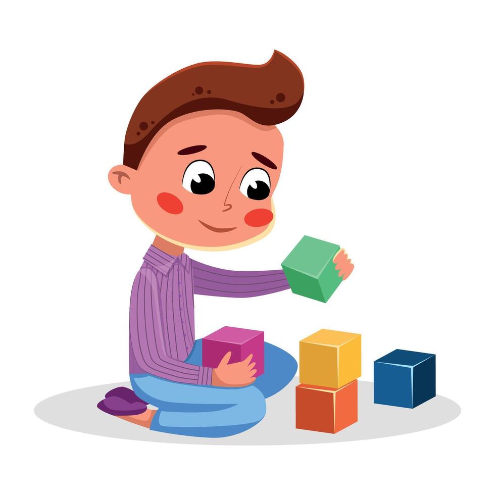 Cute Adorable Little Boy Playing with Colorful Toy Blocks, Kids Good Behavior Cartoon Style Illustration vector