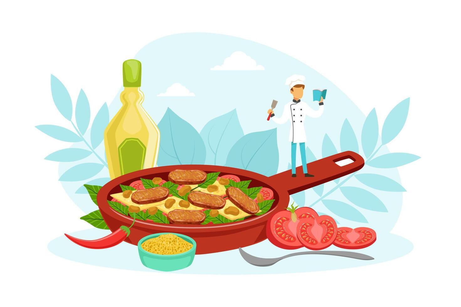 Tiny Chef Character Cooking Delicious Dish in Huge Frying Pan Cartoon Illustration vector