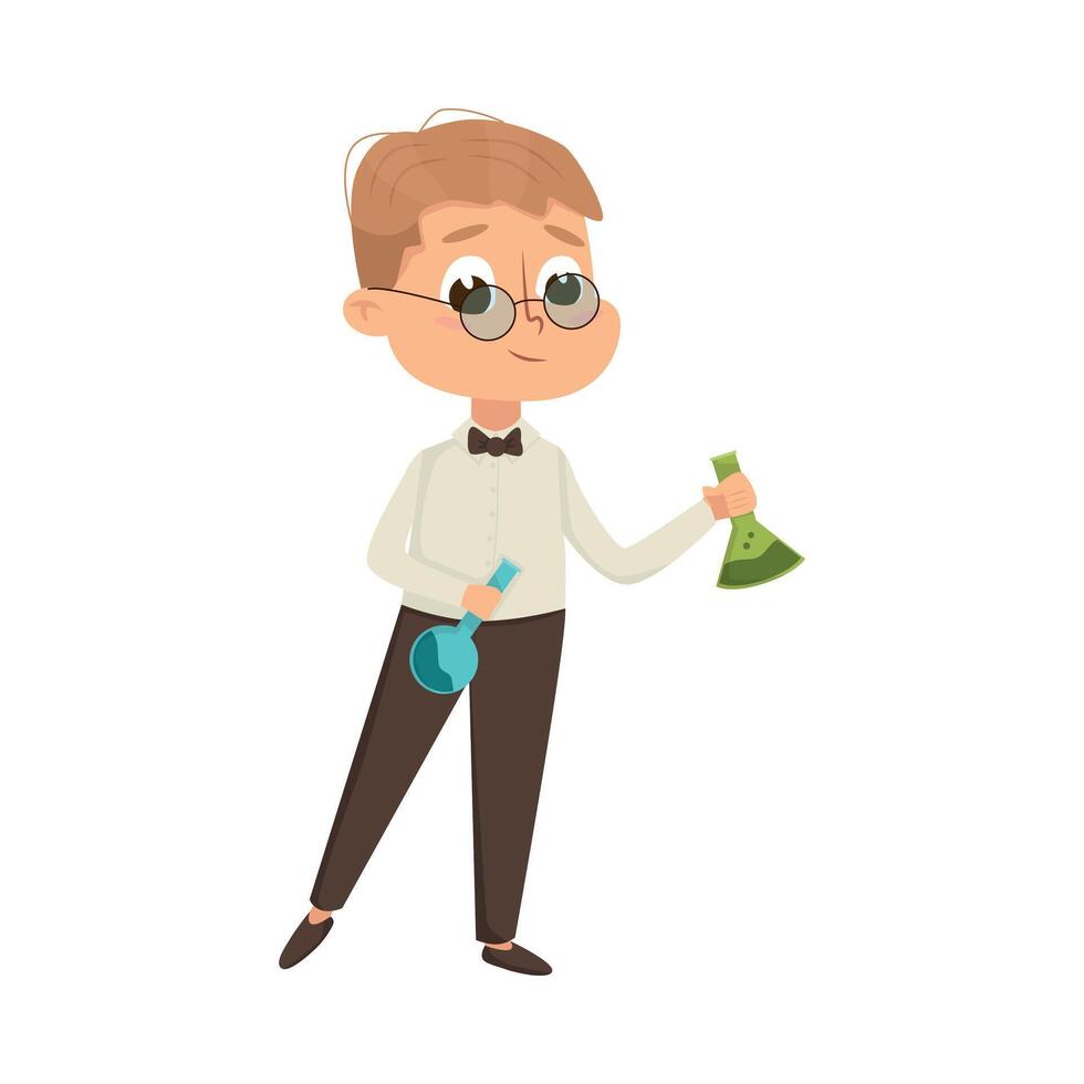 Cute Intelligent Boy Experimenting with mixing Chemicals, Education and Knowledge Concept Cartoon Style Illustration vector