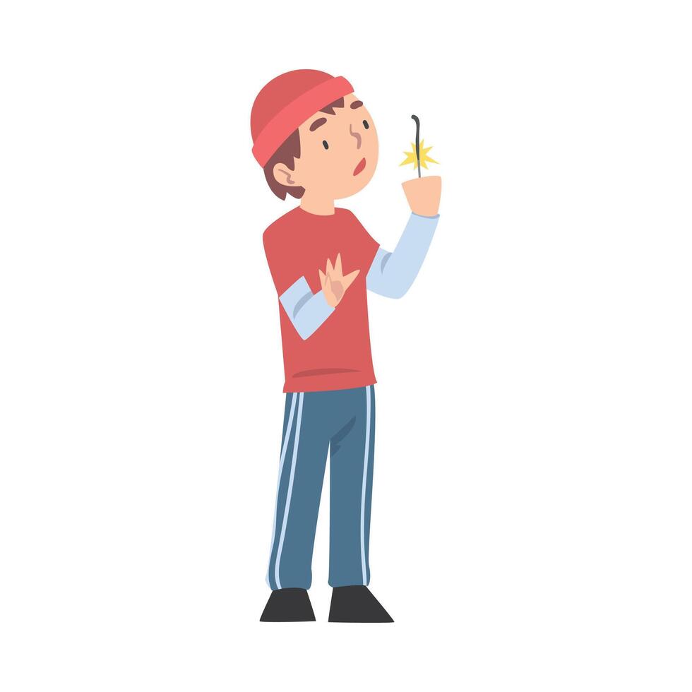 Cute Boy Holding Sparkler, Child Celebrating Holidays and Watching Burning Sparkler Cartoon Style Illustration vector