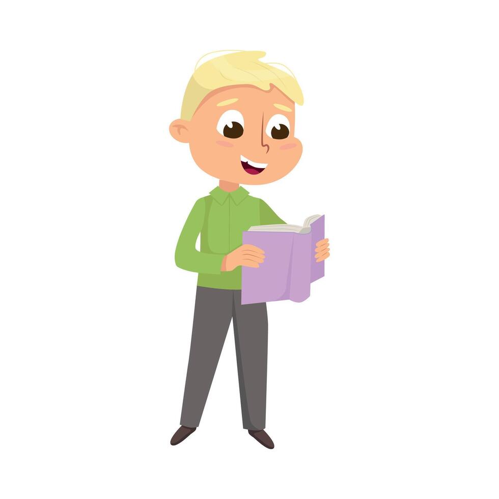 Cute Intelligent Boy Reading Book, Education and Knowledge Concept Cartoon Style Illustration vector