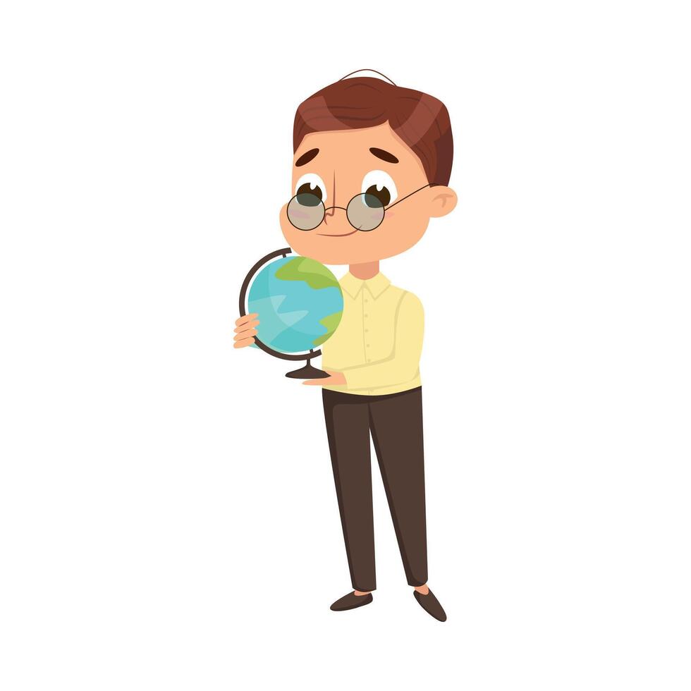 Cute Intelligent Boy in Glasses with Globe in his Hands, Boy at Geography Lesson, Education and Knowledge Concept Cartoon Style Illustration vector