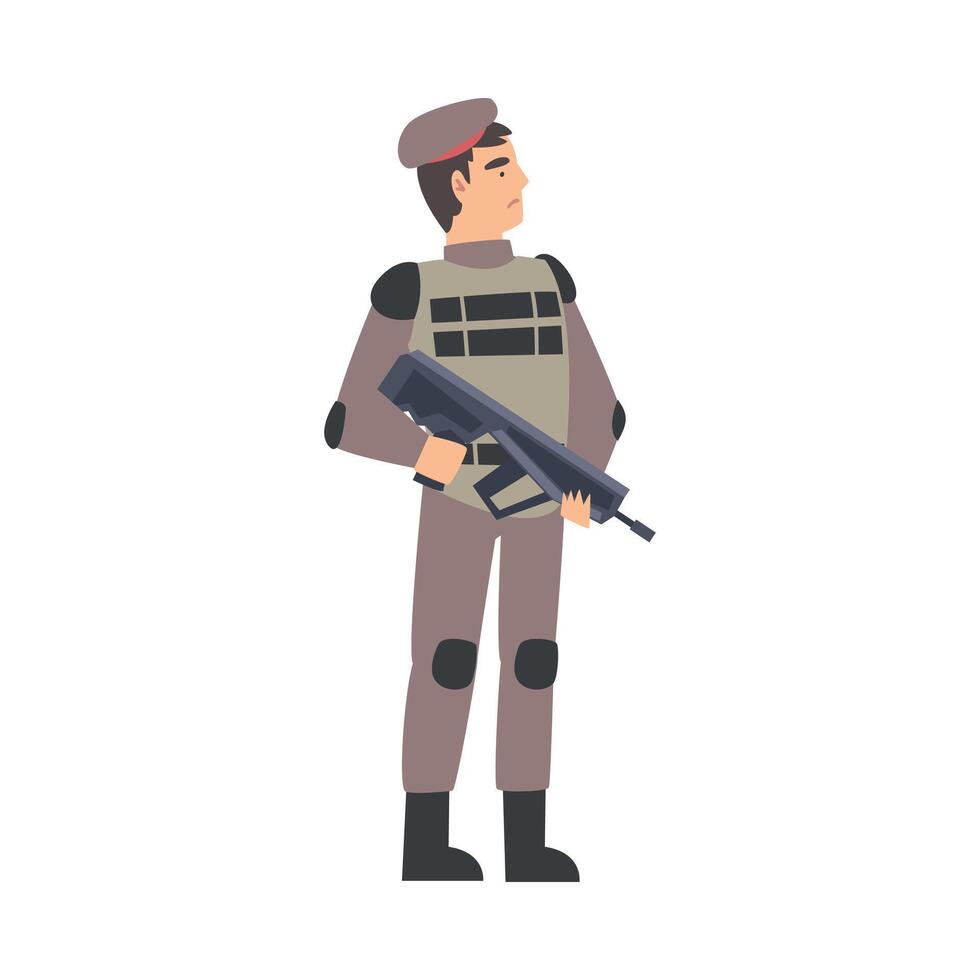 Army Soldier with Assault Rifle, Military Man Character in Combat Uniform and Bulletproof Vest Cartoon Style Illustration vector