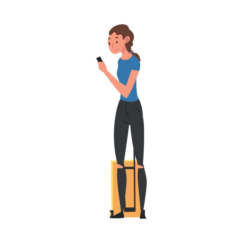 Girl with Suitcase, Female Tourist Calling Taxi Car or Using Mobile Taxi Call Application Illustration vector