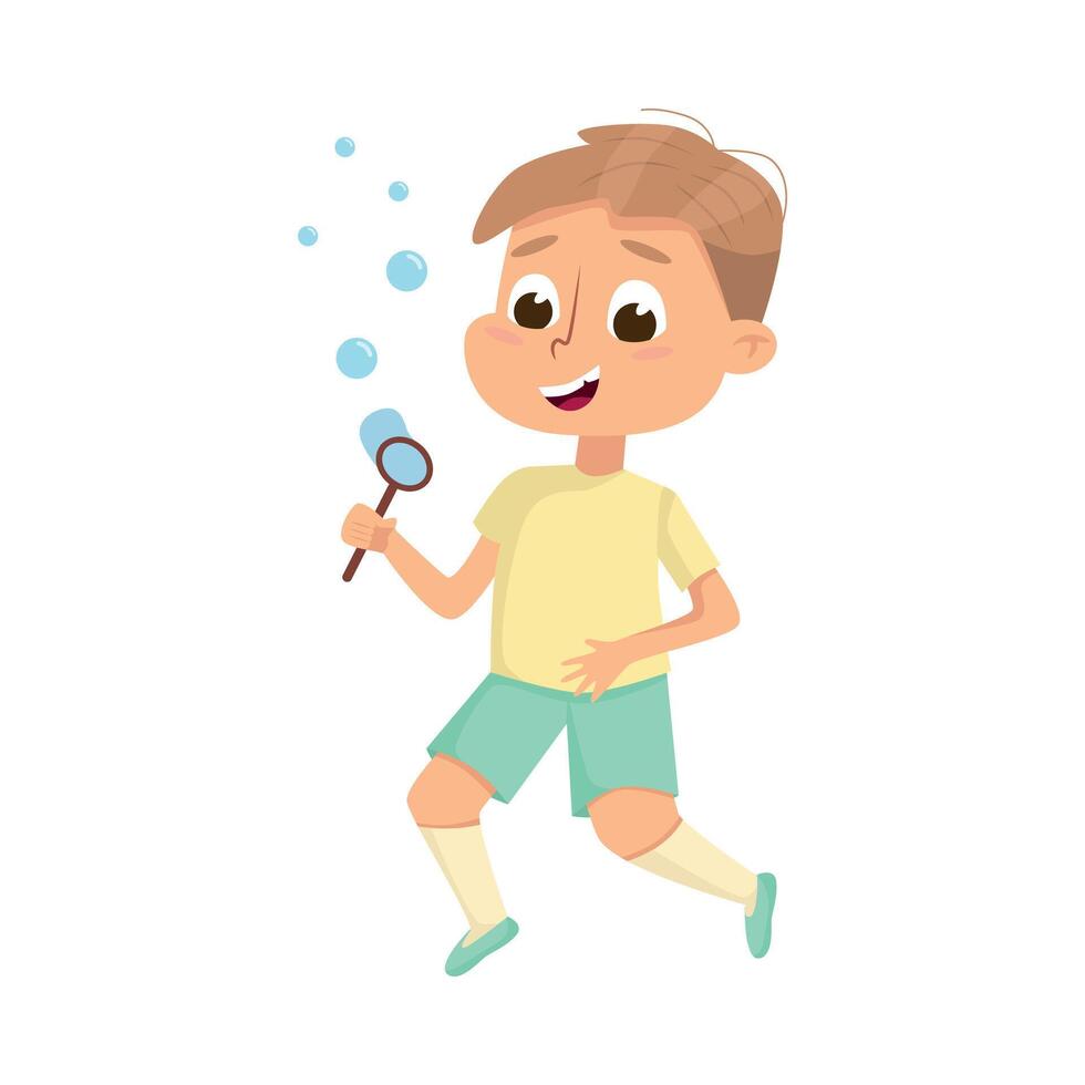 Cute Boy Blowing Soap Bubbles Through Wand, Adorable Little Kid Having Fun Cartoon Style Illustration vector