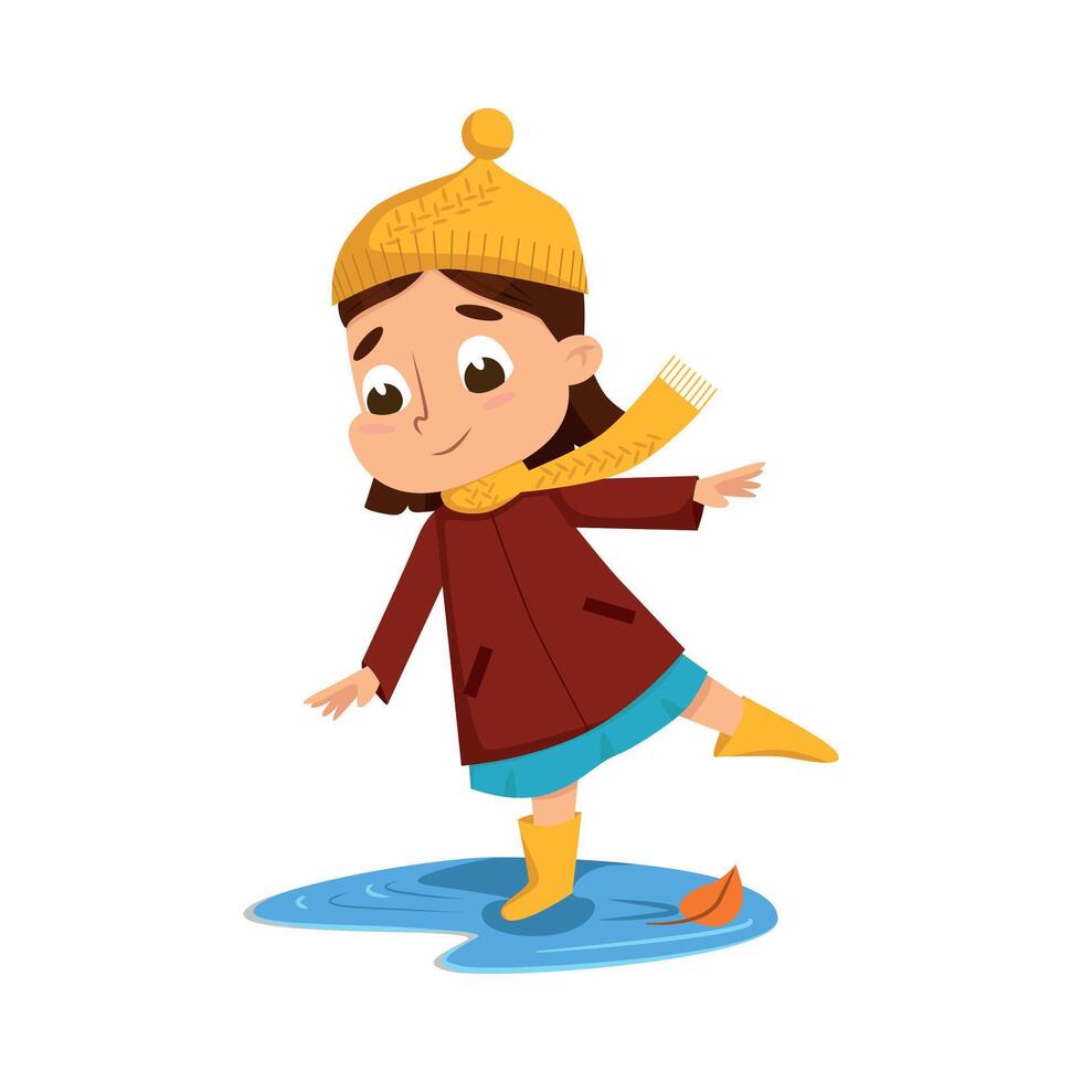 Cute Girl Jumping in Puddle Wearing Rubber Boots, Happy Kid Playing Outdoors in Autumn Cartoon Style Illustration vector