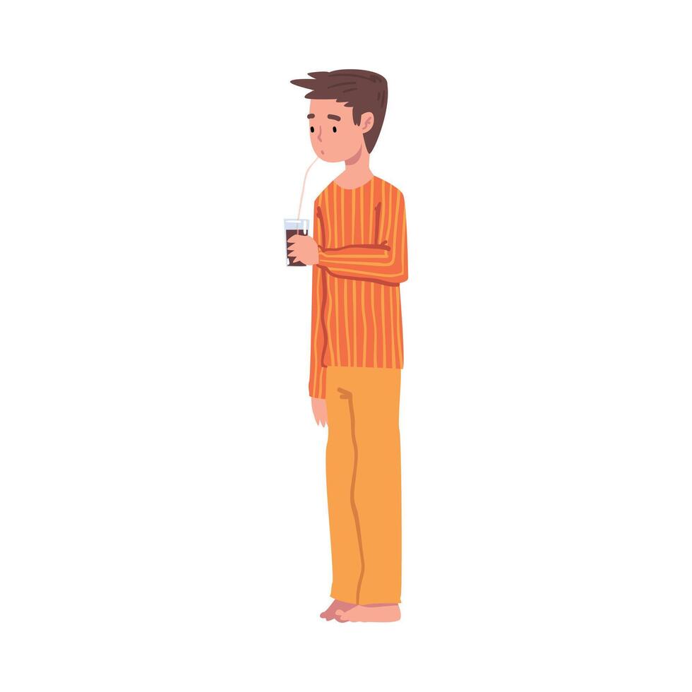 Slumber Party, Cute Boy in Pajamas Drinking Soda Drink with Straw Cartoon Style Illustration vector