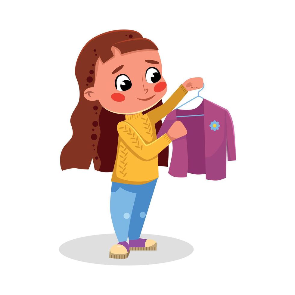Cute Girl Hanging Clothes on Hangers, Kids Good Behavior and Habits Cartoon Style Illustration vector